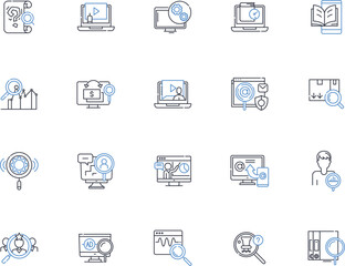 Observation line icons collection. Insight, Perception, Surveillance, Examination, Scrutiny, Inspection, Study vector and linear illustration. Analysis,Watchfulness,Attention outline signs set