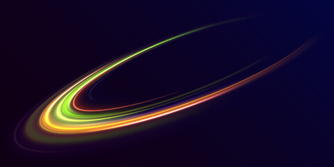 Obraz premium Vector colorful light trail circle. Color neon glowing fire ring trail. Round wave line glitter bokeh with sparkling light. Bokeh glitter round wave flying sparkling flares.