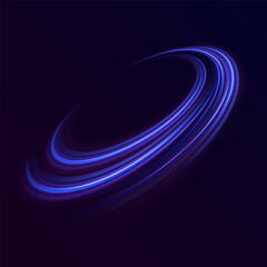 Blue neon glowing fire ring trail. Round wave line glitter bokeh with sparkling light. Vector blue light trail circle. Bokeh glitter round wave flying sparkling flares.