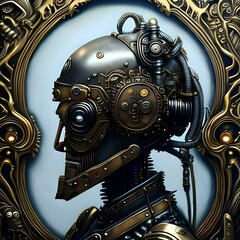 Futuristic and sci-fi human android portrait with pcb metallic skin and binary code green background. AI, IT, technology, robotics, science, transhumanism 3D rendering illustration concepts.