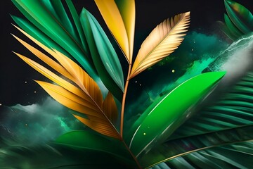 Luxury emerald background with exotic palm leaves, AI generated image