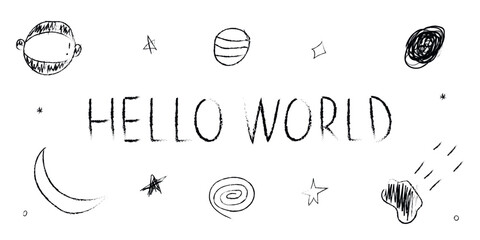 Doodle cosmos illustration set in childish style, design clipart. Hand drawn abstract space elements with lettering. Black and white.