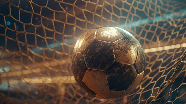 A golden soccer ball in a goal net ai generative illustration images 