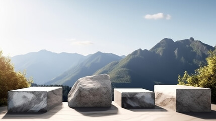 rock stone product podium display for luxury summer product presentation, beautiful mountains and clear sky in the background. Generated ai