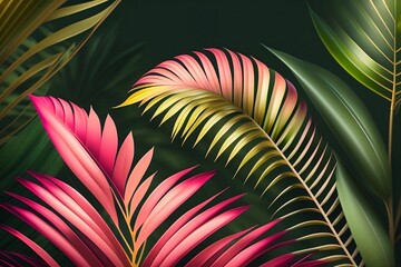 Luxury emerald background with exotic pink palm leaves, AI generated image
