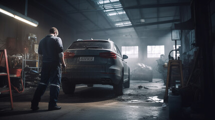 Car on lift, mechanic at work, ai generated