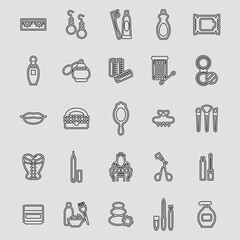 A variety of beauty icons. Fine line. Black icons. Vector on gray background