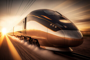 Obraz na płótnie Canvas High-speed train captured in beautiful golden light. Generative AI.