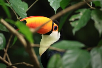 Beautiful vibrant Tucan perched on the tree full of leaves