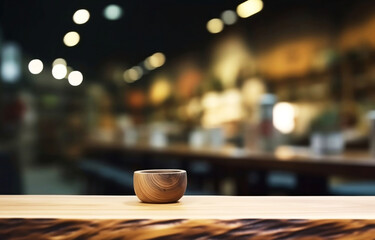 Empty wooden cafe table for product with blurred background and copy space