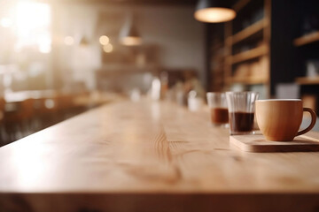 Fototapeta premium Empty wooden cafe table for product with blurred background and copy space