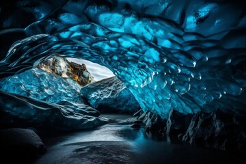 Obraz na płótnie Canvas big cave of ice, the ice glows blue created with Generative AI technology