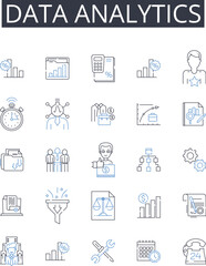 Data Analytics line icons collection. Business Intelligence, Information Management, Knowledge Discovery, Customer Insights, Market Research, Performance Metrics, Predictive Modeling vector and linear