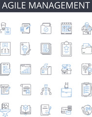 Agile management line icons collection. Lean leadership, Dynamic planning, Adaptive strategy, Proactive approach, Integrated teamwork, Creative problem-solving, Resource optimization vector and linear