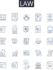 Law line icons collection. Justice, Legislation, Rulebook, Statute, Decree, Regulation, Bylaw vector and linear illustration. Code,Statutory law,Ordinance outline signs set