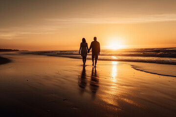 Fototapeta premium Couple taking a relaxing walk on a beach, holding hands and enjoying the sunset.