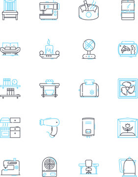 Domestic electronics linear icons set. Television, Kitchen, Vacuum, Blender, Heaters, Humidifier, Hairdryer line vector and concept signs. Iron,Fan,Kettle outline illustrations