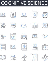 Cognitive science line icons collection. Quantum physics, Social psychology, Linguistic analysis, Cyber security, Data analytics, Environmental science, Digital marketing vector and linear