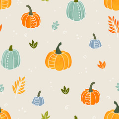 Cute hand drawn pumpkin horizontal seamless pattern, hand drawn pumpkins - great as Thanksgiving background, textiles, banners, wallpapers, wrapping - vector design