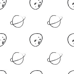 Doodle cosmic seamless pattern in childish style. Hand drawn abstract space planets. Black and white.