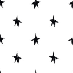 Doodle cosmic seamless pattern in childish style. Hand drawn abstract space stars. Black and white.