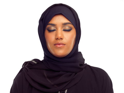Muslim, Islamic and face of woman with makeup in a hijab closed eyes for calm mind, isolated on a transparent png background. Mindfulness, skincare and female person for cosmetic beauty and self care
