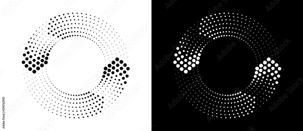 Poster Circle abstract background  with dynamic halftone dots like arrows. Black shape on a white background and the same white shape on the black side.