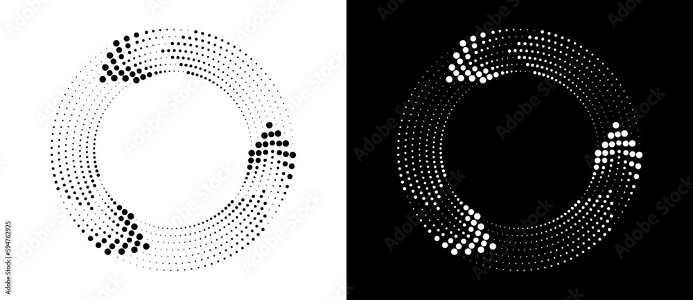 Aufkleber Circle abstract background  with dynamic halftone dots like arrows. Black shape on a white background and the same white shape on the black side.