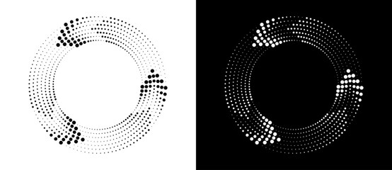Circle abstract background  with dynamic halftone dots like arrows. Black shape on a white background and the same white shape on the black side.