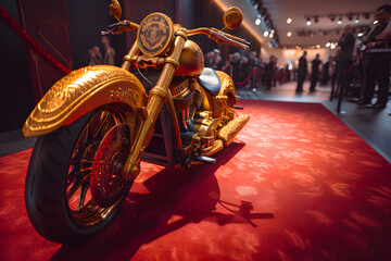 Unrealistically unrealistic expensive private golden shining color motorcycle at the red carpet at the show and event. Generative AI