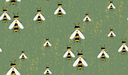 Сartoon bees fly over green meadow. Seamless pattern with striped beetles on textured background.