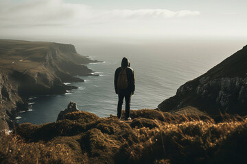 A person standing on a cliff overlooking a scenic landscape, such as a mountain range or ocean.