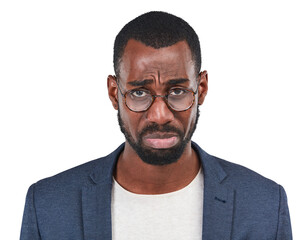 Sad, portrait and black man with depression frown on isolated, transparent and png background....