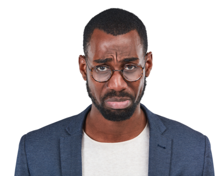 Sad, portrait and black man with depression frown on isolated, transparent and png background. Stress, face and unhappy African businessman with anxiety, fail and disaster, crisis and burnout problem