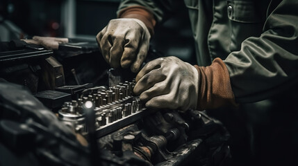 Fototapeta premium Mechanic working on a car engine, wearing safety gloves and using tools. Close-up shot showcasing the technical expertise and attention to detail in automotive repair