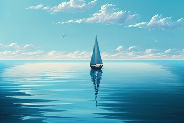 on the blue sea floats a small sailing ship created with Generative AI technology