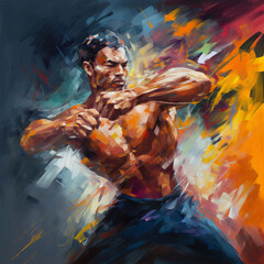 Fototapeta na wymiar Agile and Fierce: Jiu Jitsu Fighter in an Oil Painting
