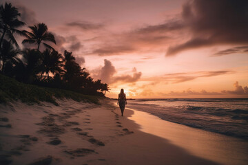 Woman walking on a beach at sunset, with palm trees and a colorful sky in the background.