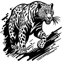 Attacking leopard vector illustration in black and white, chasing prey