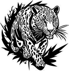 Attacking leopard vector illustration in black and white, chasing prey