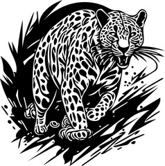 Attacking leopard vector illustration in black and white, chasing prey