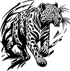 Attacking leopard vector illustration in black and white, chasing prey