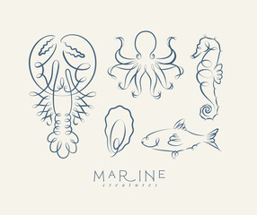 Filigree swirl sea and ocean creatures lobster, octopus, seahorse, oyster, fish drawing on grey background