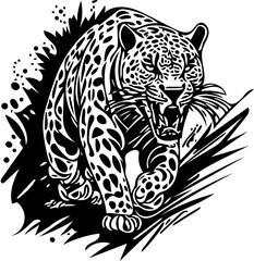 Attacking leopard vector illustration in black and white, chasing prey