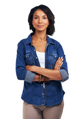 Arms crossed, serious and portrait of woman on png for confidence, pride and casual style. Cool,...