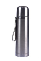 modern thermos on light white background, closeup. space for text