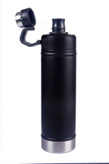 modern thermos on light white background, closeup. space for text