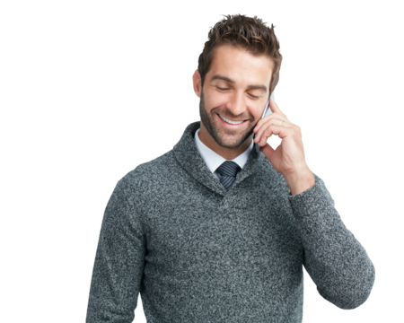 Phone call, communication and business man happy about professional and success. Smile, male employee or manager on mobile conversation for management planning isolated on transparent, png background