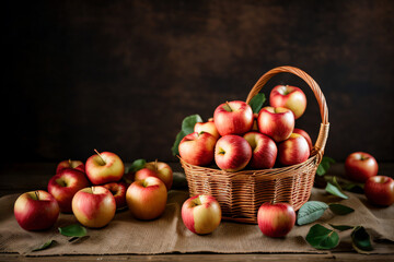 Fototapeta na wymiar Ripe red apples in a basket in an orchard. Fruit harvesting. Generative AI