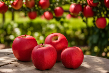 Ripe red apples in an orchard. Fruit harvesting. Generative AI